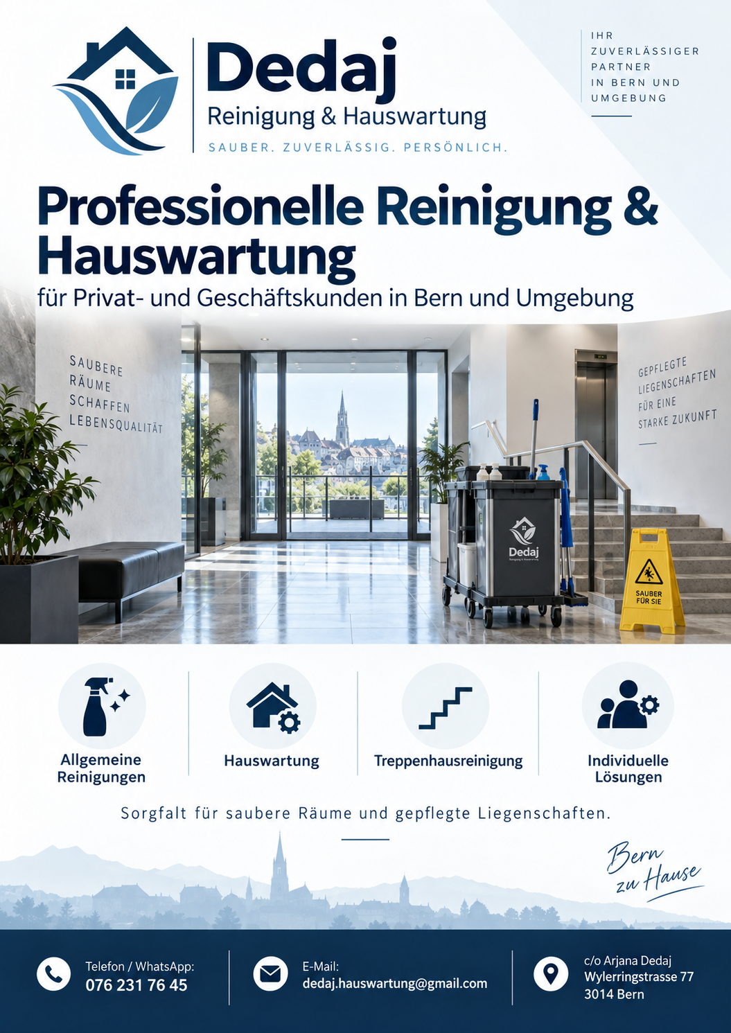 Motiv des Dedaj-Flyers: gepflegte Eingangshalle mit Reinigungswagen und Blick auf das Berner Münster.
